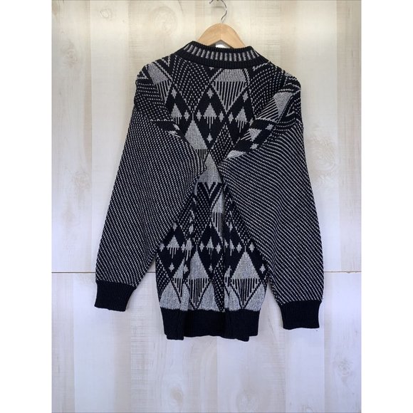 Vintage 90s Fortune Knits USA Black Silver Geometric Long Sleeve Womens Sweater - Picture 7 of 7